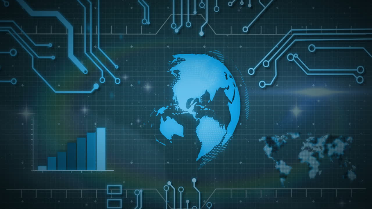 Animation of globe and data processing over circuit board on screens