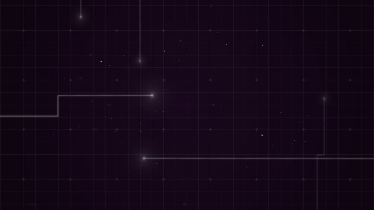 Animation of glowing points with light trails forming grid on purple background