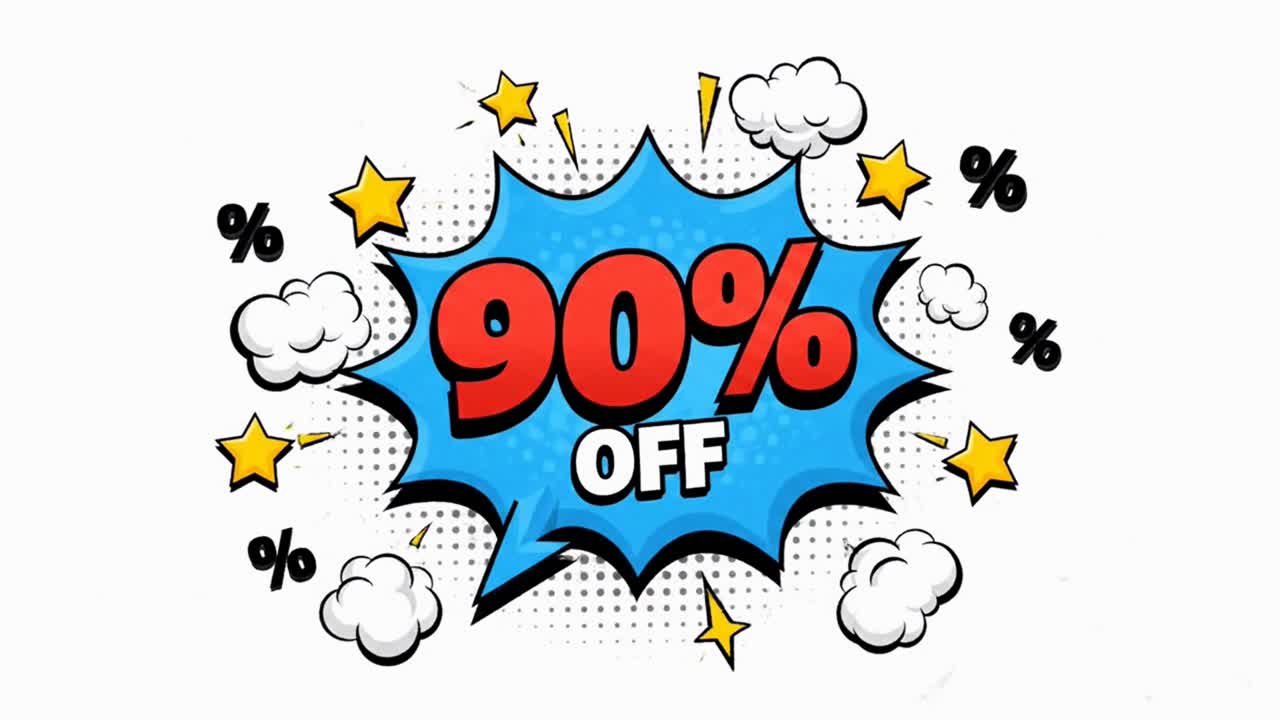 Ninety percent off sale banner in a dynamic comic pop art style