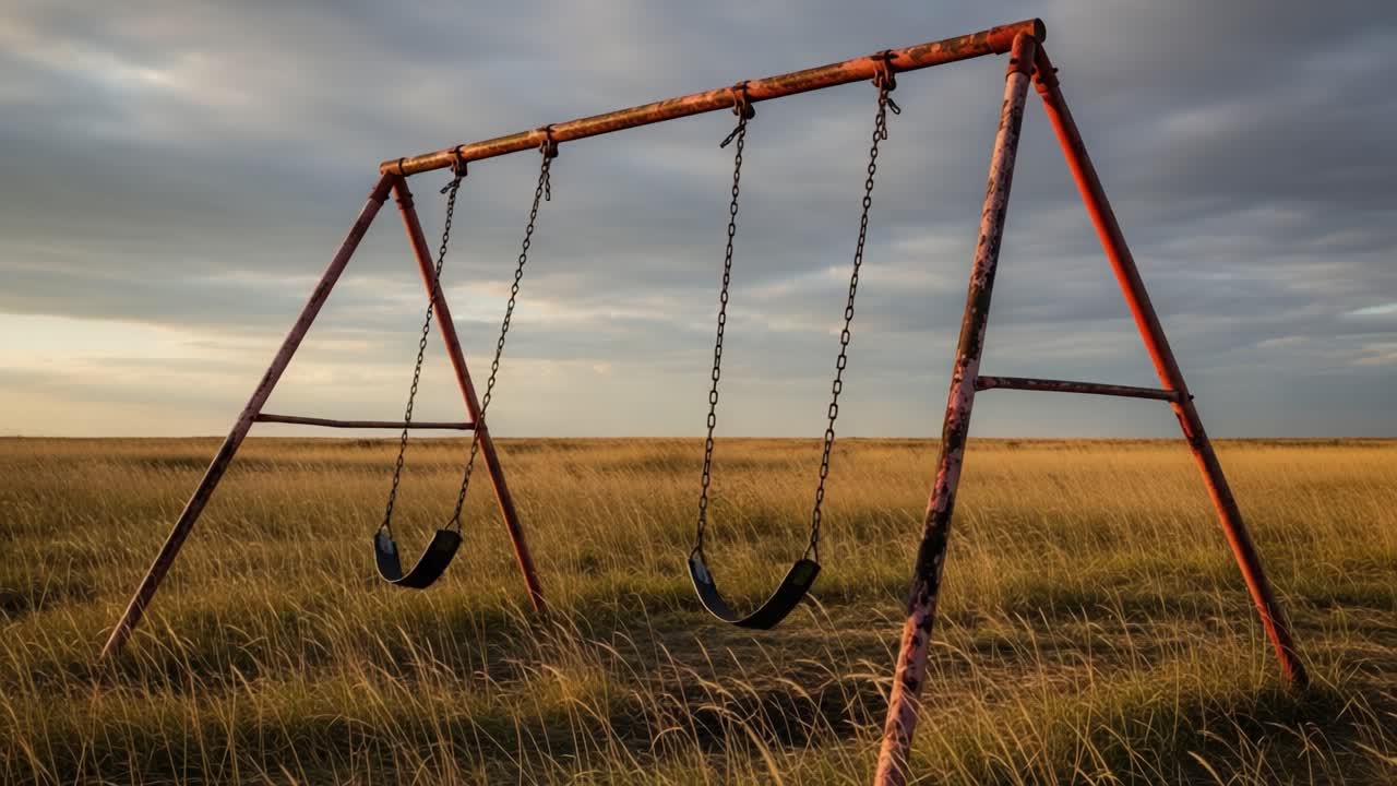 An Abandoned Swing Set in a Serene Field: A Captivating View of Nostalgia and Nature's Beauty at Dusk with Soft Clouds and Tall Grass Surrounding the Playground Equipment
