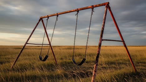 an abandoned swing set in a serene field: a captivating view of nostalgia and nature's beauty at dusk with soft clouds and tall grass surrounding the playground equipment