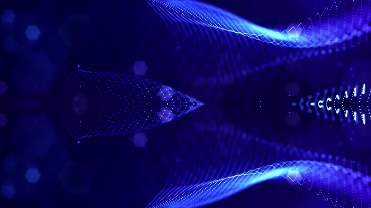 las partículas azules brillantes forman líneas, estructuras simétricas como en el microworld o el espacio cósmico. fondo abstracto de ciencia ficción 3d en bucle de 4k. para presentaciones de vacaciones, ceremonias como diseño de movimiento de bucle vj 16