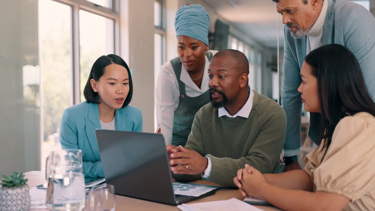 Laptop, team business meeting