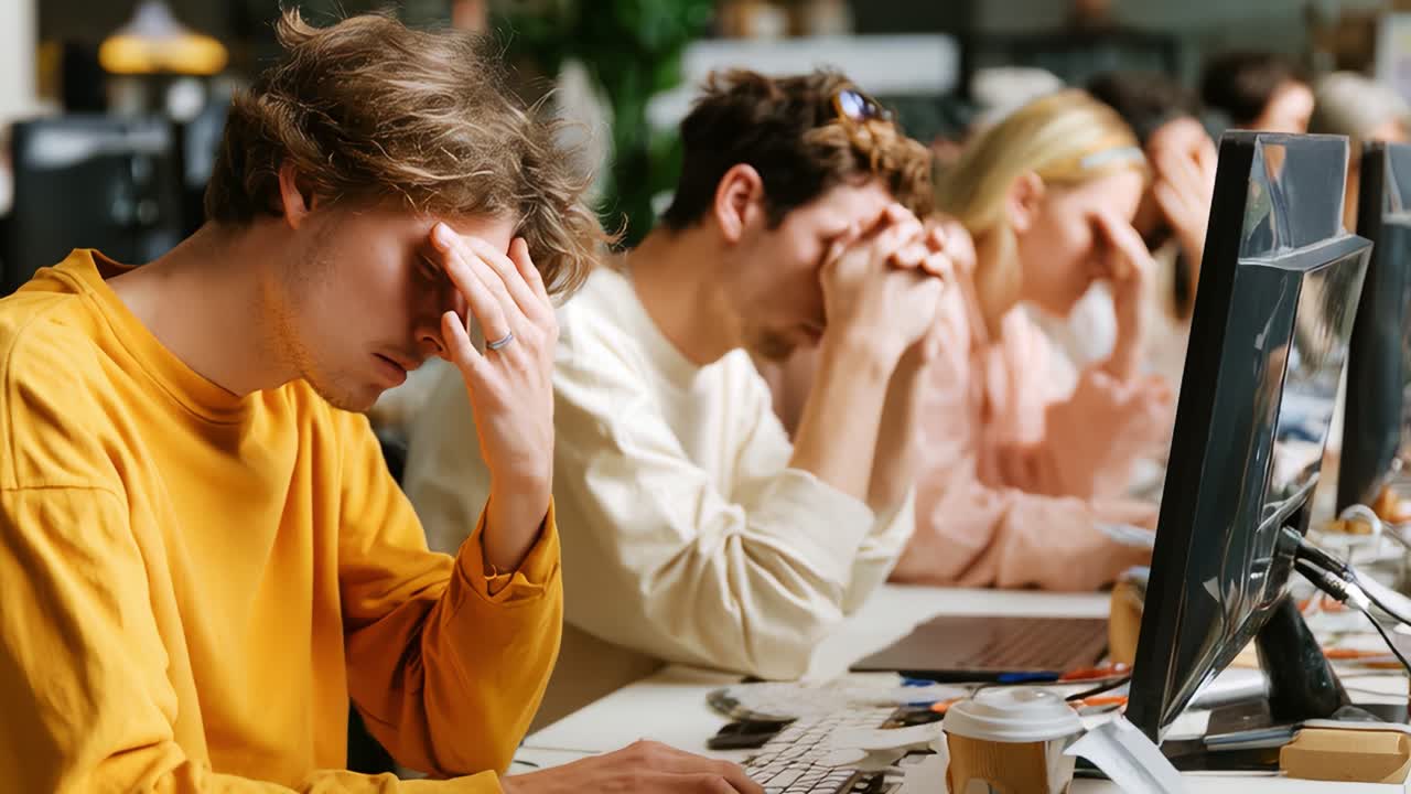 A group of young professionals intensely focused on their work at a modern office, showcasing the contrast of stress and concentration as they engage with their tasks on computers
