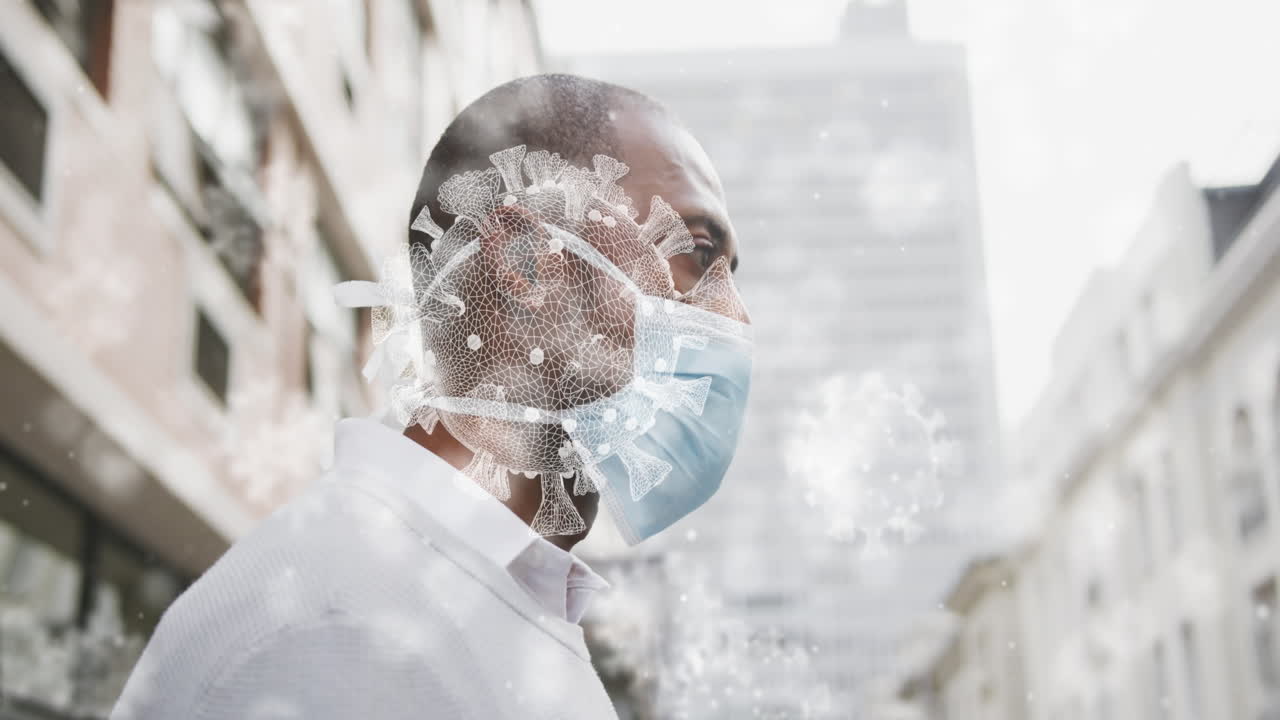 animación de células de covid-19 sobre un hombre que usa una máscara facial