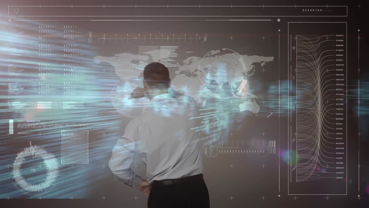 animación de un hombre de negocios con pantalla táctil con mapa del mundo y procesamiento de datos