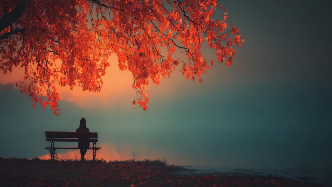 A Serene Moment of Contemplation: A Person Sitting Alone on a Bench Beneath a Vivid Orange Tree as the Evening Light Reflects on a Calm Body of Water