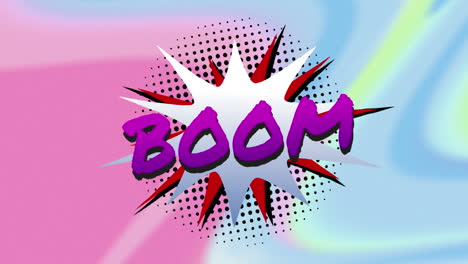 animation of boom text in purple letters in retro speech bubble over multi coloured background