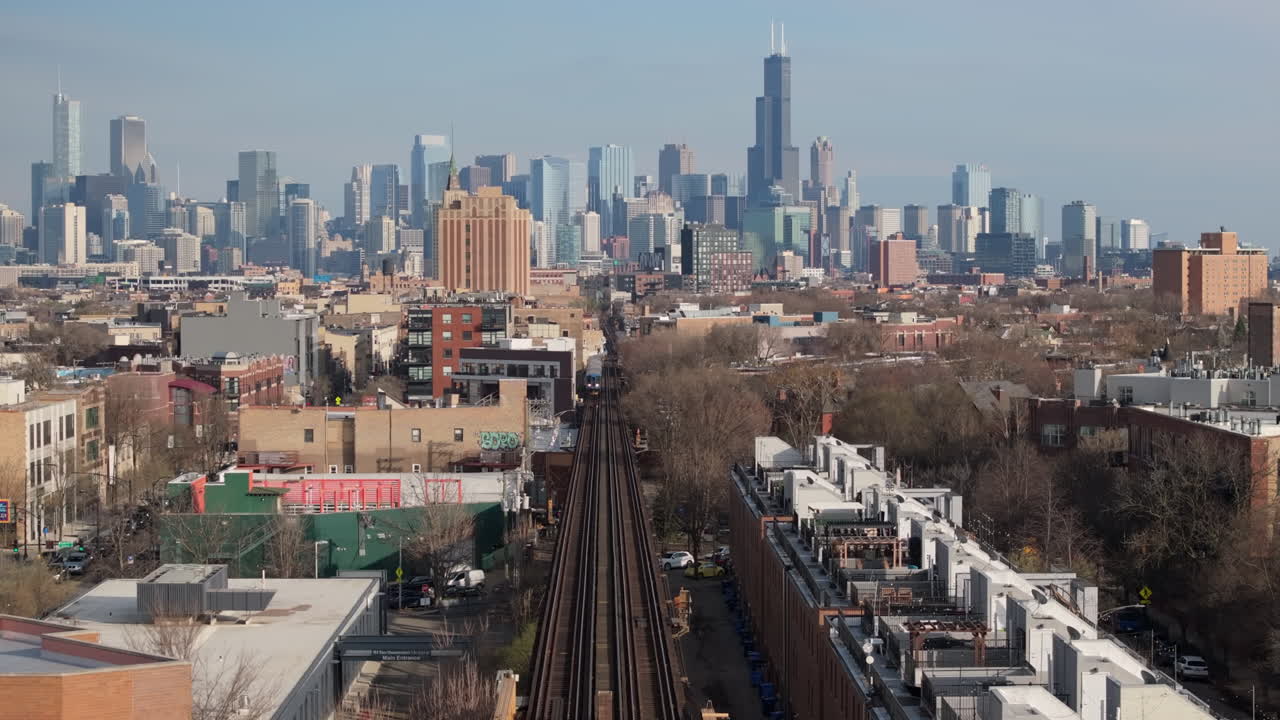 Aerial view of The Chicago L in Bucktown. Shot on a spring day.