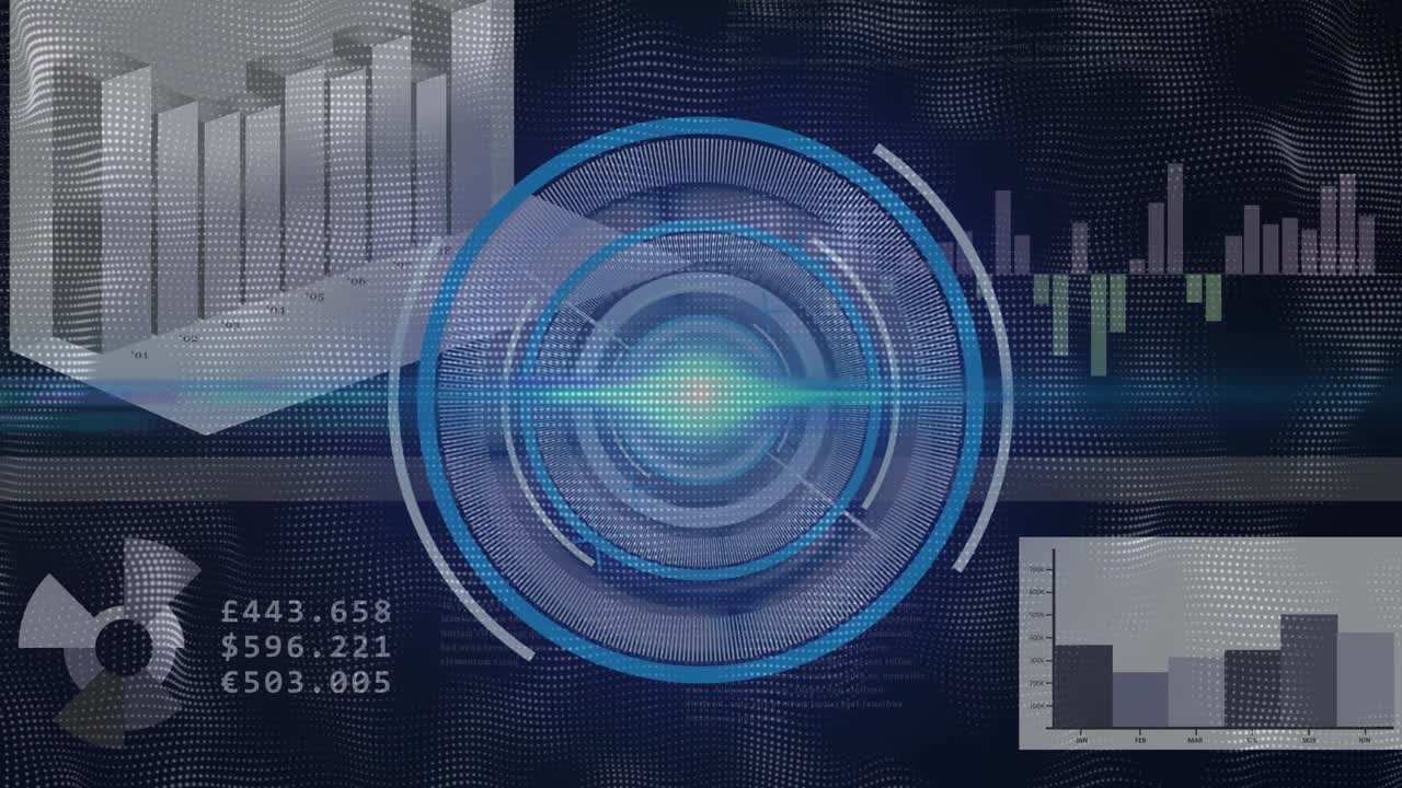 Animation of data processing over scope scanning on black background