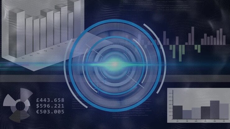 Animation of data processing over scope scanning on black background