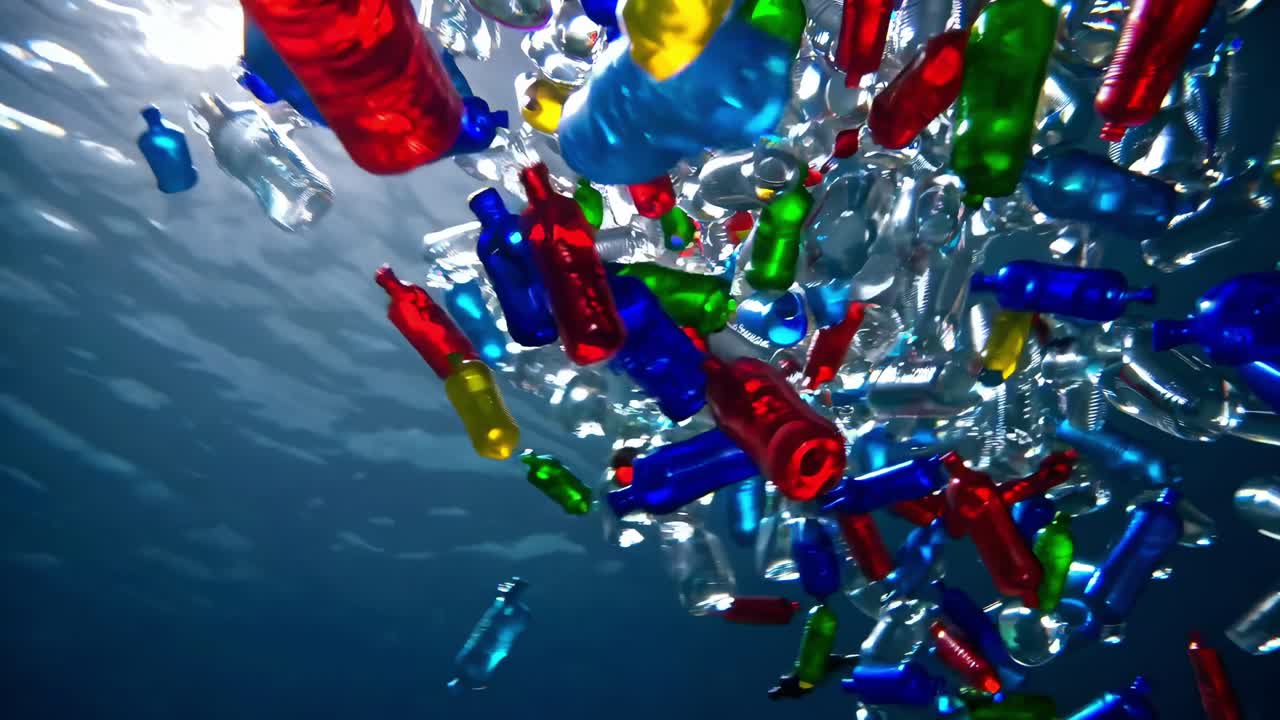 Multicolored plastic bottles of various shapes and sizes floating underwater, creating a scene of pollution and environmental damage, highlighting the global issue of plastic waste in oceans