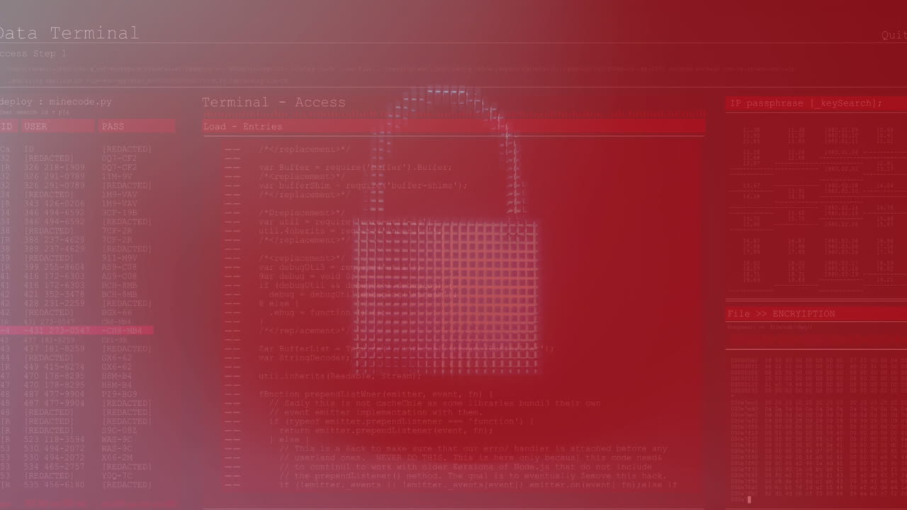 animación de cuadrados que forman nube, nube y candado a través del lenguaje informático y la interfaz abstracta