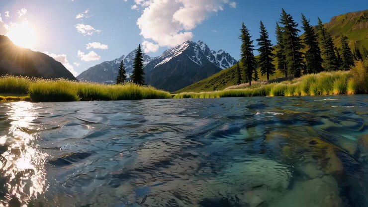 Fiume di montagna all'alba