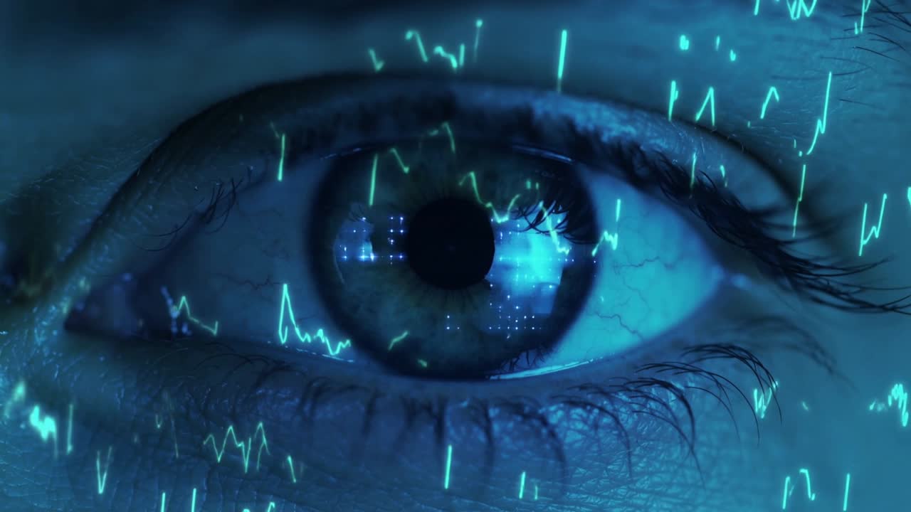 Displaying right eye getting ID scan in blue lab, as cyan waveform overlays flash on cornea