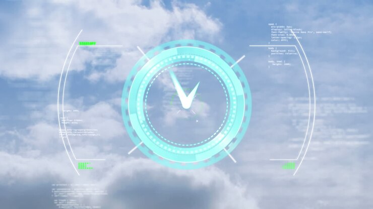 Clock moving fast with scope scanning and data processing on cloudy sky background