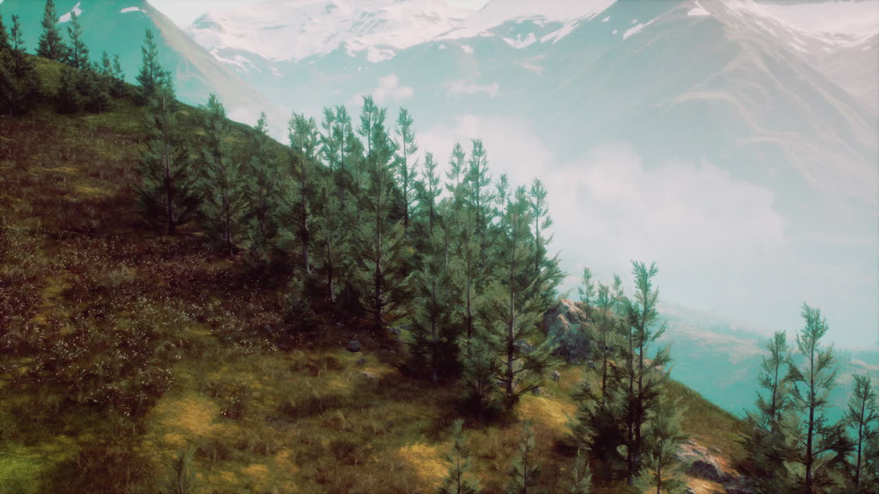 A stunning view of a mountain range with pine trees and a cloudy sky