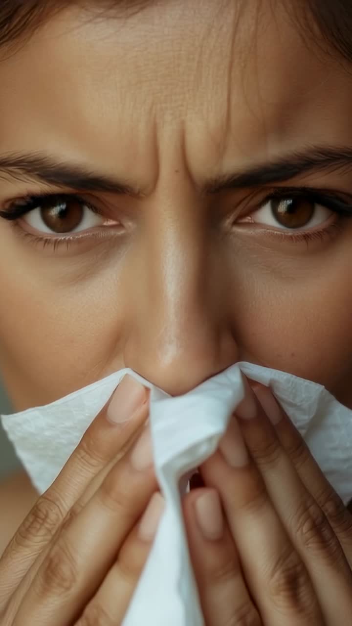 Vertical video: Adult woman pressing tissue at nose in grey room, exhaling wiping and clearing nose
