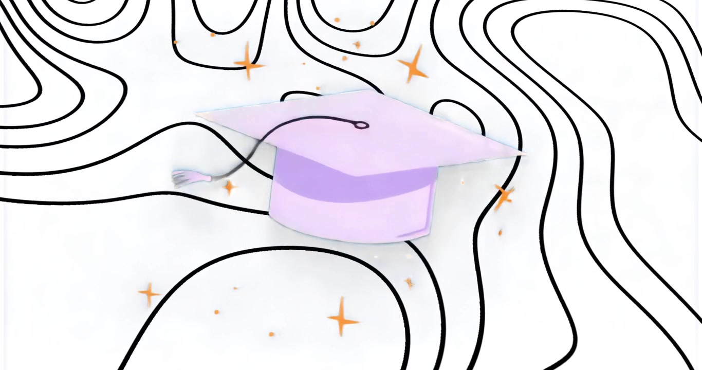 Mortarboard appearing, tilting back and forth, tassel swaying, sparkles fading looping celebration