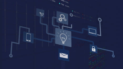 animation of network of connections with icons over data processing on black background