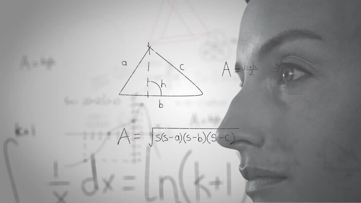 Animation of mathematical equation and diagrams over close-up of caucasian woman