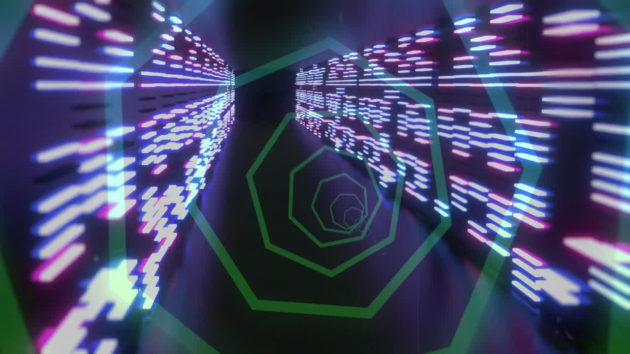 검은 바탕에 움직이는 기둥 위에 네온 모양의 터널의 애니메이션