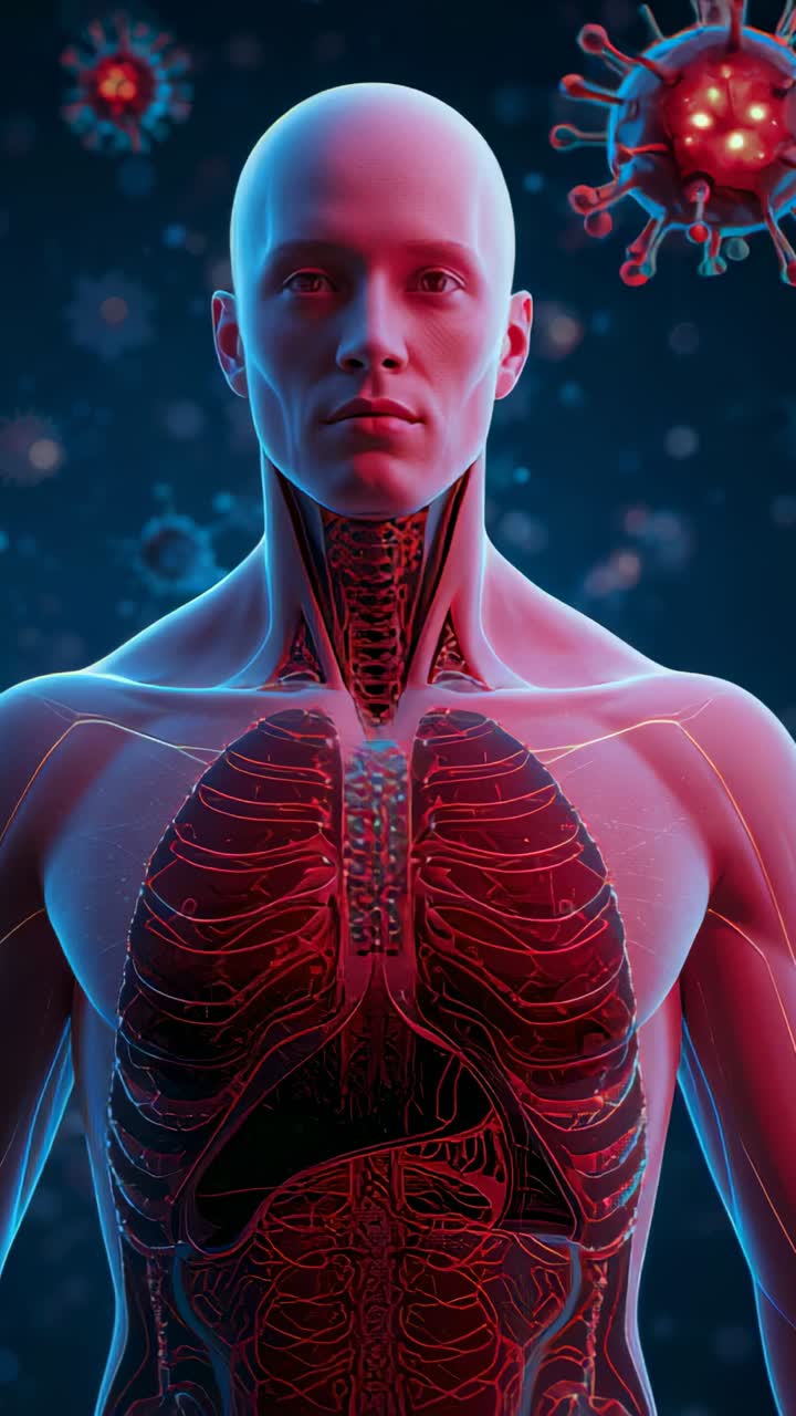 Vertical video: Rotating torso model during camera pan on medical set, revealing lungs and viruses