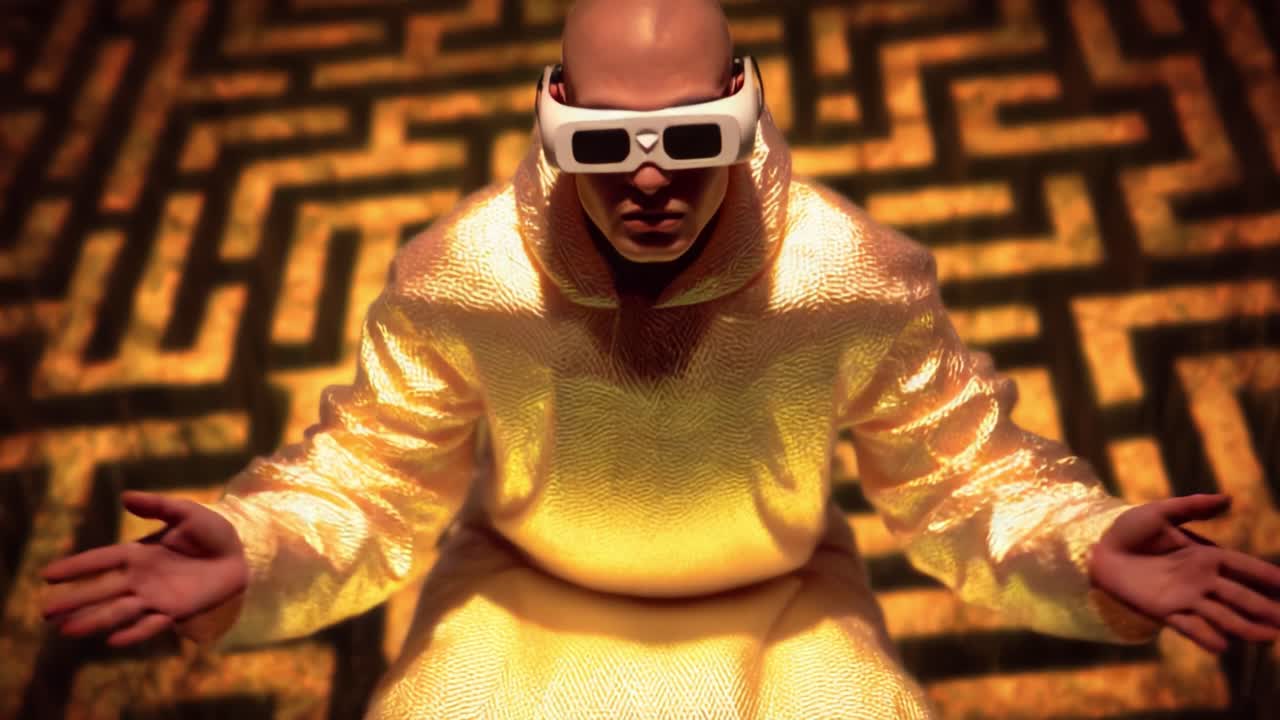 A captivating figure in a shimmering golden attire gazes attentively while adorned in stylish glasses, immersed in an enigmatic maze-patterned backdrop, presenting an aura of mystery and intrigue