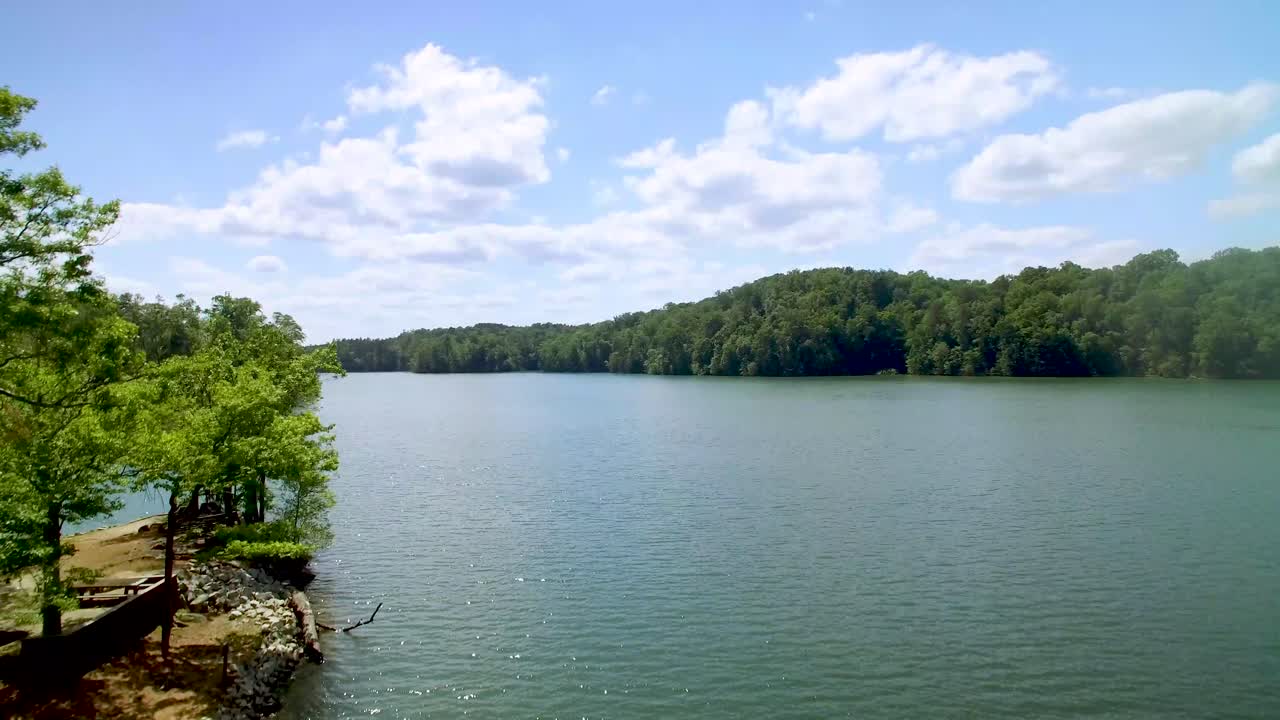 Hari yang Tenang di Danau Hartwell dengan Hutan yang Indah, Carolina Selatan, Tampilan Udara