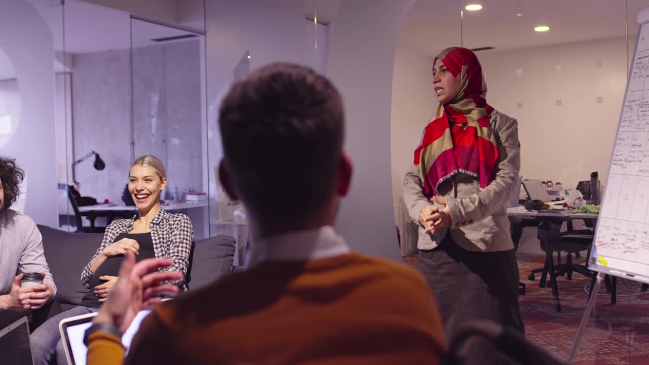 Muslim woman in a modern open space coworking office giving a presentation to team. Middle eastern Arab businesswoman in creative startup office. Disabled businessman in a wheelchair on team meeting