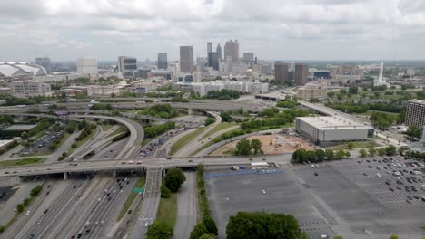 Atlanta,-Georgia-skyline-and-Georgia-state-capitol-building-with-drone-video-wide-shot-moving-right-to-left