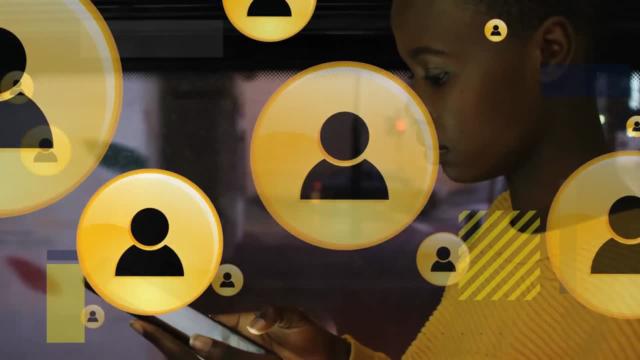 Animation of digital icons over woman using tablet