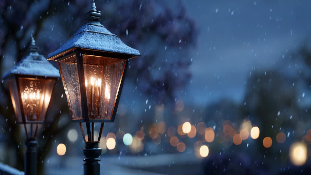 A serene winter evening scene featuring beautifully illuminated lanterns casting a warm glow amidst falling snowflakes, with a dreamy backdrop of blurred bokeh lights creating a magical atmosphere