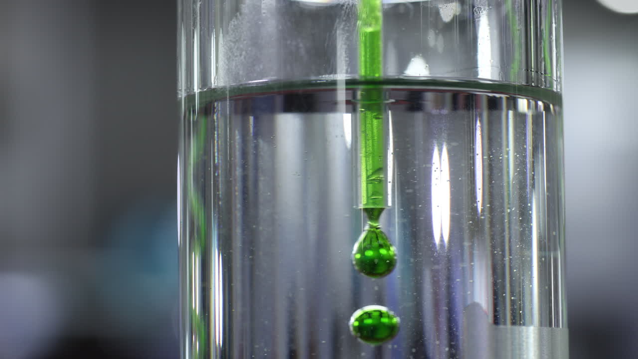 Green Liquid Drops Falling Through Clear Water in Glass Cylinder