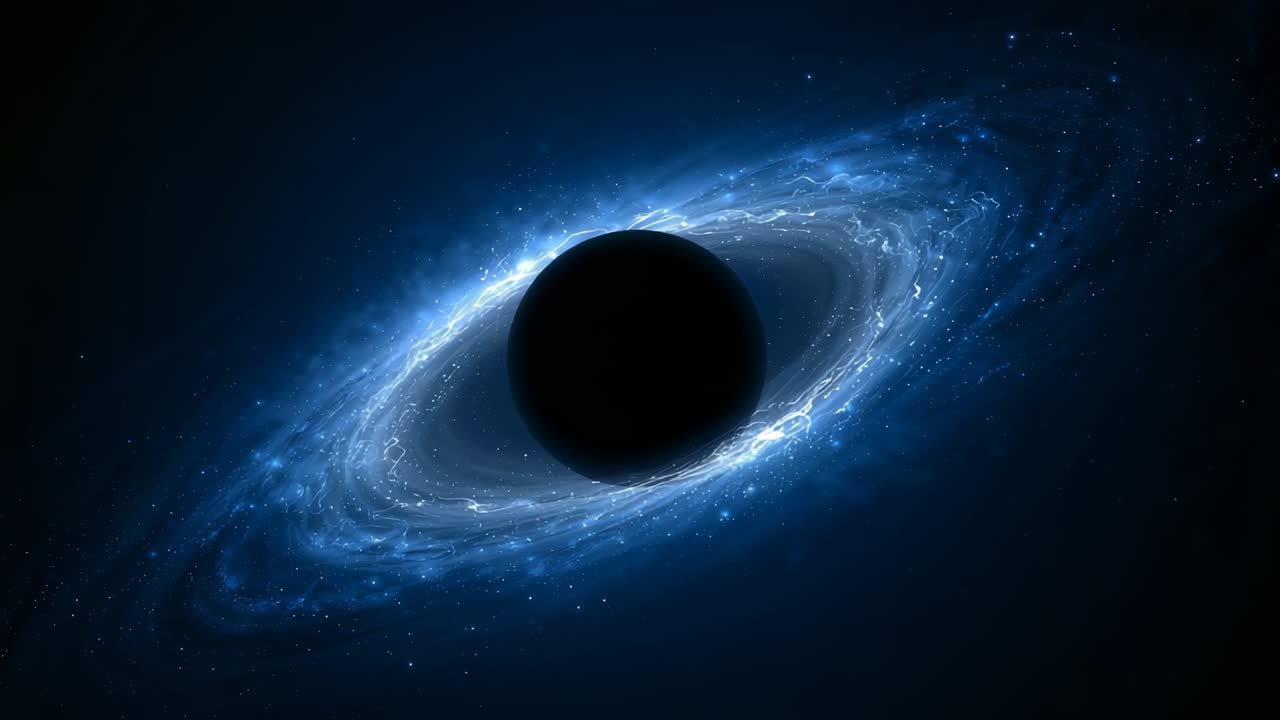 Spiraling accretion disk gas around black hole in space after gravitational pull, with lensing