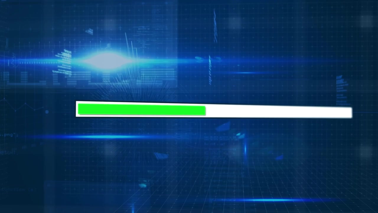 Digital animation of loading bar and spot of light against data processing on blue background