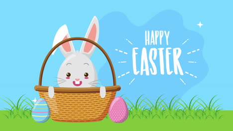 happy easter animated card with eggs painted and rabbit in basket