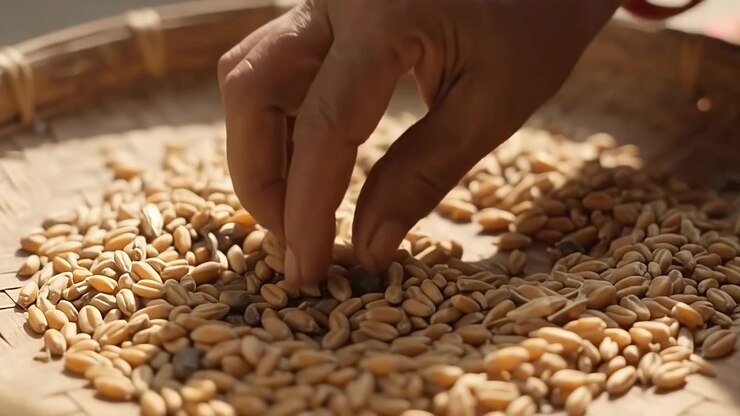 Person Sorting Wheat Grains in a Woven Bamboo Basket