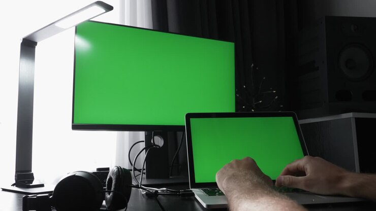 Male IT programmer is working on laptop with two monitors with chroma key green screens in modern office. Freelancer is using computer on desk at workplace, typing algorithm, messages on keyboard