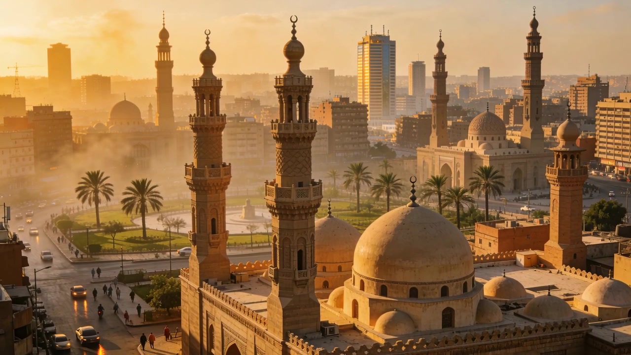 Mostrando una moschea con minareti che si bagna nell'alba da un tetto, auto in movimento e uomini in abiti tradizionali che camminano.