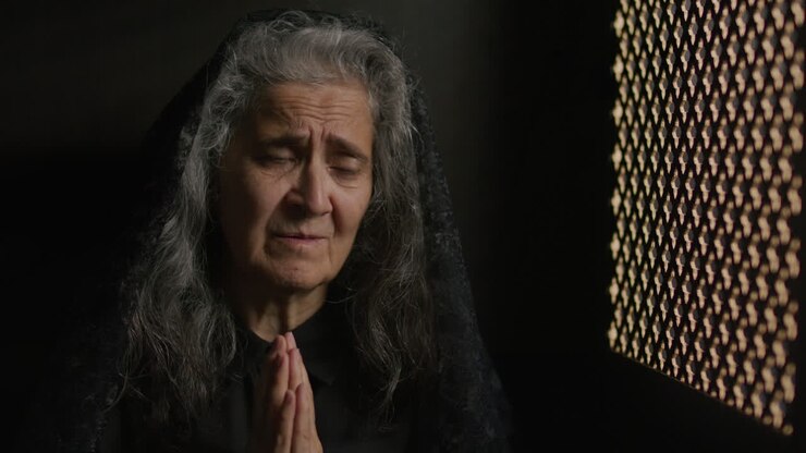 Anziana signora con le mani giunte che parla sinceramente durante la confessione
