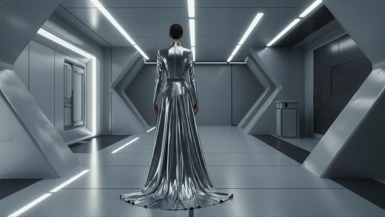 En futuristisk elegance: En sølvklædt figur står alene i et elegant, minimalistisk rum, der fremhæver kontrasten mellem mode og teknologi