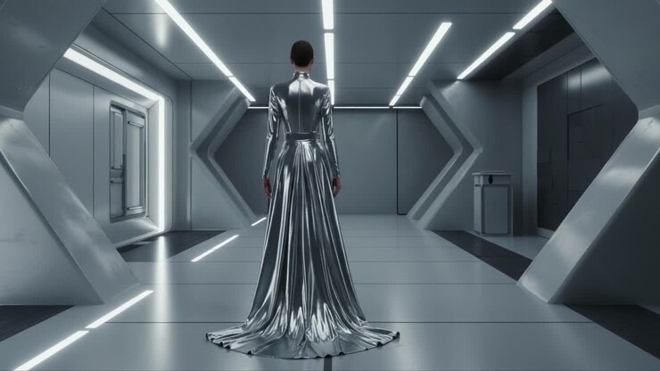 En futuristisk elegance: En sølvklædt figur står alene i et elegant, minimalistisk rum, der fremhæver kontrasten mellem mode og teknologi