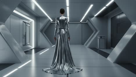 a futuristic elegance: a silver-clad figure stands alone in a sleek, minimalist space, highlighting the contrast of fashion and technology