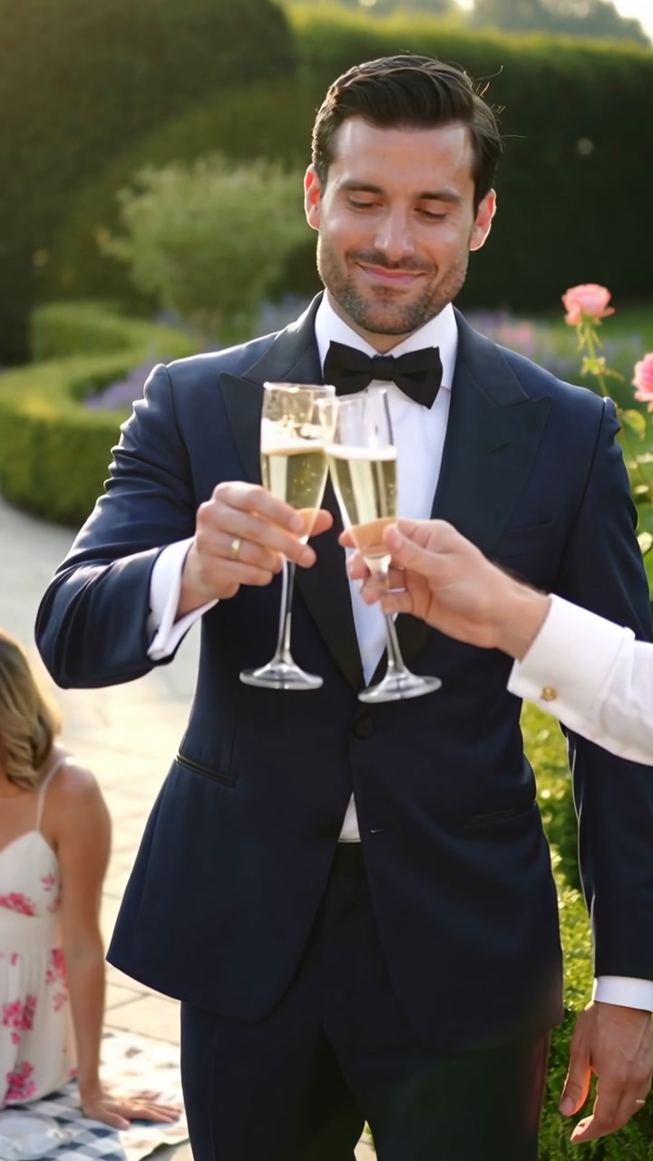 Vertical video: Raising man in tuxedo taking guest extending flute clinking toasting garden wedding