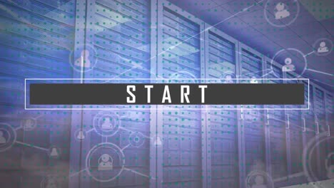 animation of start text banner, network of profile icons against computer server room