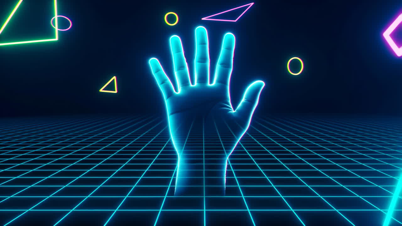 Neon Glowing Hand in Retro-Futuristic Cyberspace Grid