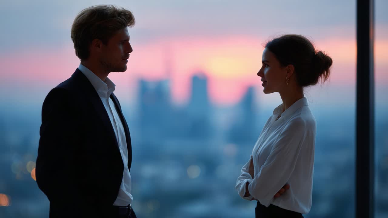 A Serene Twilight Encounter: Capturing the Tension and Emotion Between Two Individuals Against a Stunning City Skyline During the Golden Hour