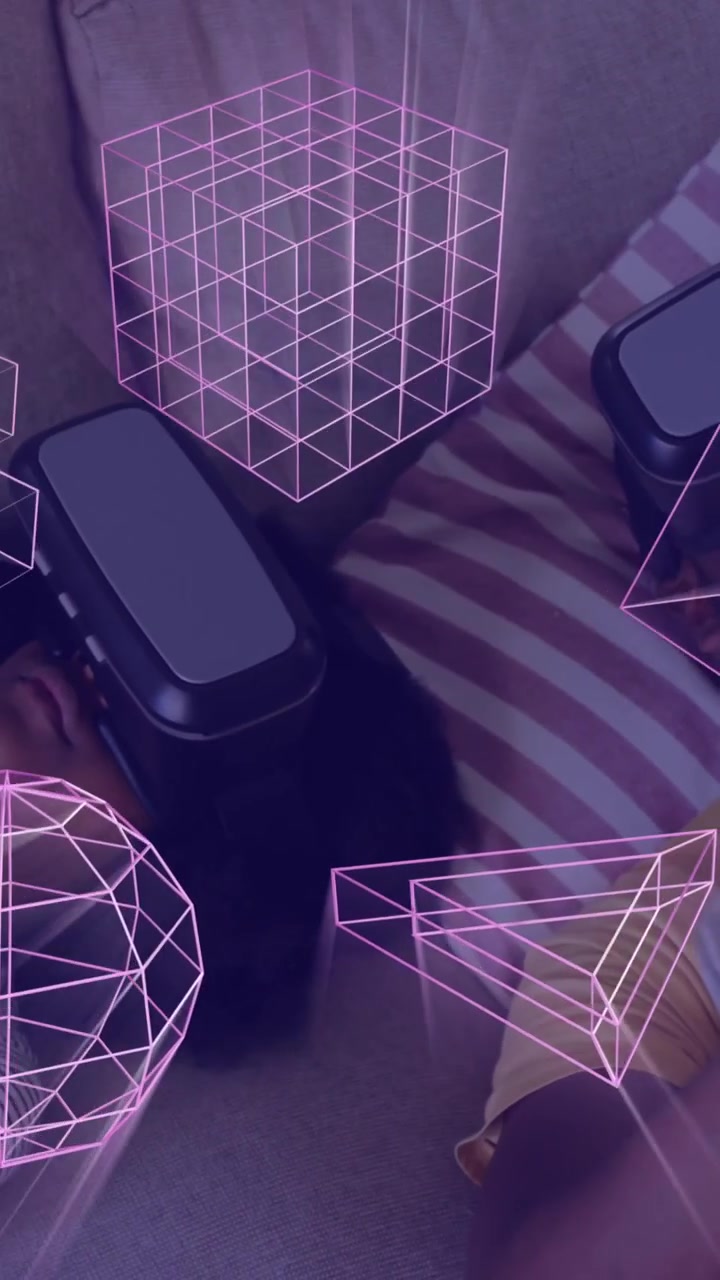 Animación de formas 3D brillantes sobre un padre y una hija afroamericanos usando un casco de realidad virtual