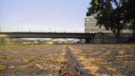 Low-Dolly-Shot-Von-Alten-Eisenbahnschienen-In-Kopfsteinpflaster-Mit-Gras-Und-Unkraut,-Die-An-Den-Rändern-Wachsen